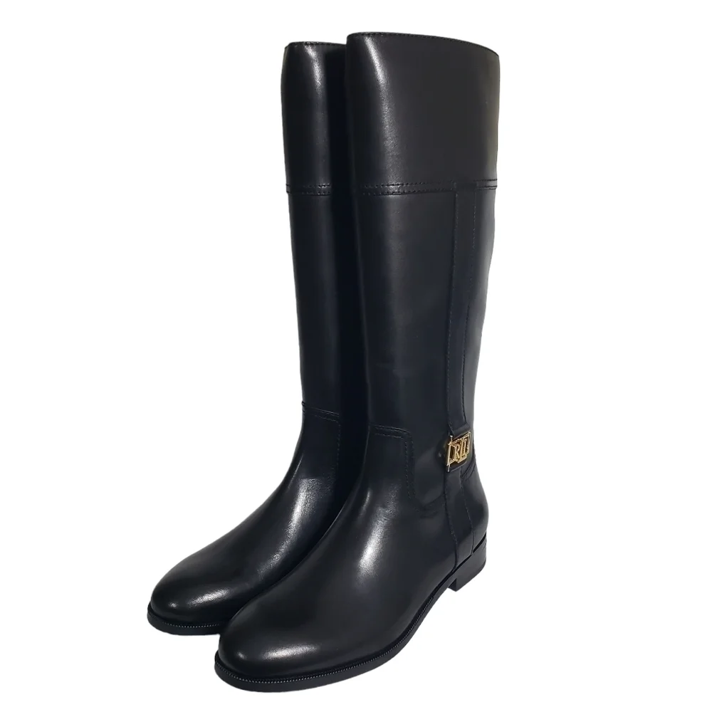 Lauren Ralph Lauren Berdie Black 100% Leather Riding Boots Sz 5.5B, 10B